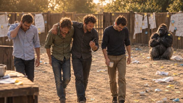 Four exhausted men, one supporting a limping colleague, walk out of a sandy arena littered with sticky notes, broken mugs and torn flipcharts, while a silverback gorilla sits calmly behind them with a sticky note on his shoulder